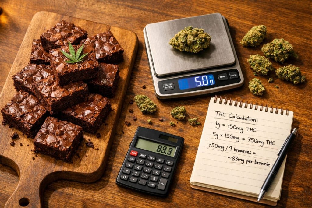 Brownies de cannabis caseros con báscula digital y calculadora mostrando dosificación precisa de THC para consumo seguro de edibles