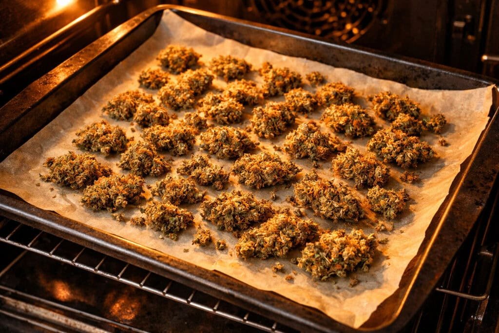 Descarboxilación de cannabis en horno para activar THC antes de preparar edibles caseros