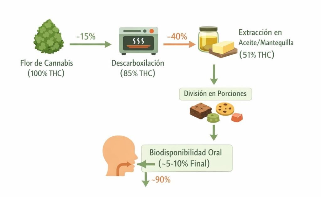 Diagrama de flujo mostrando proceso completo de pérdidas de THC: descarboxilación (15%), transferencia a aceite (40%), y biodisponibilidad oral (88-96%), desde flores hasta efecto final