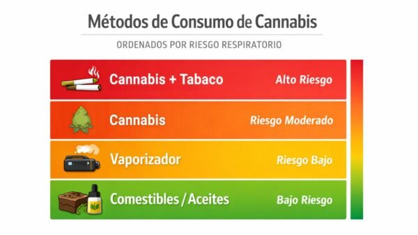 Ranking de métodos de consumo de cannabis por riesgo respiratorio: fumado con tabaco (mayor riesgo) a comestibles (menor riesgo)